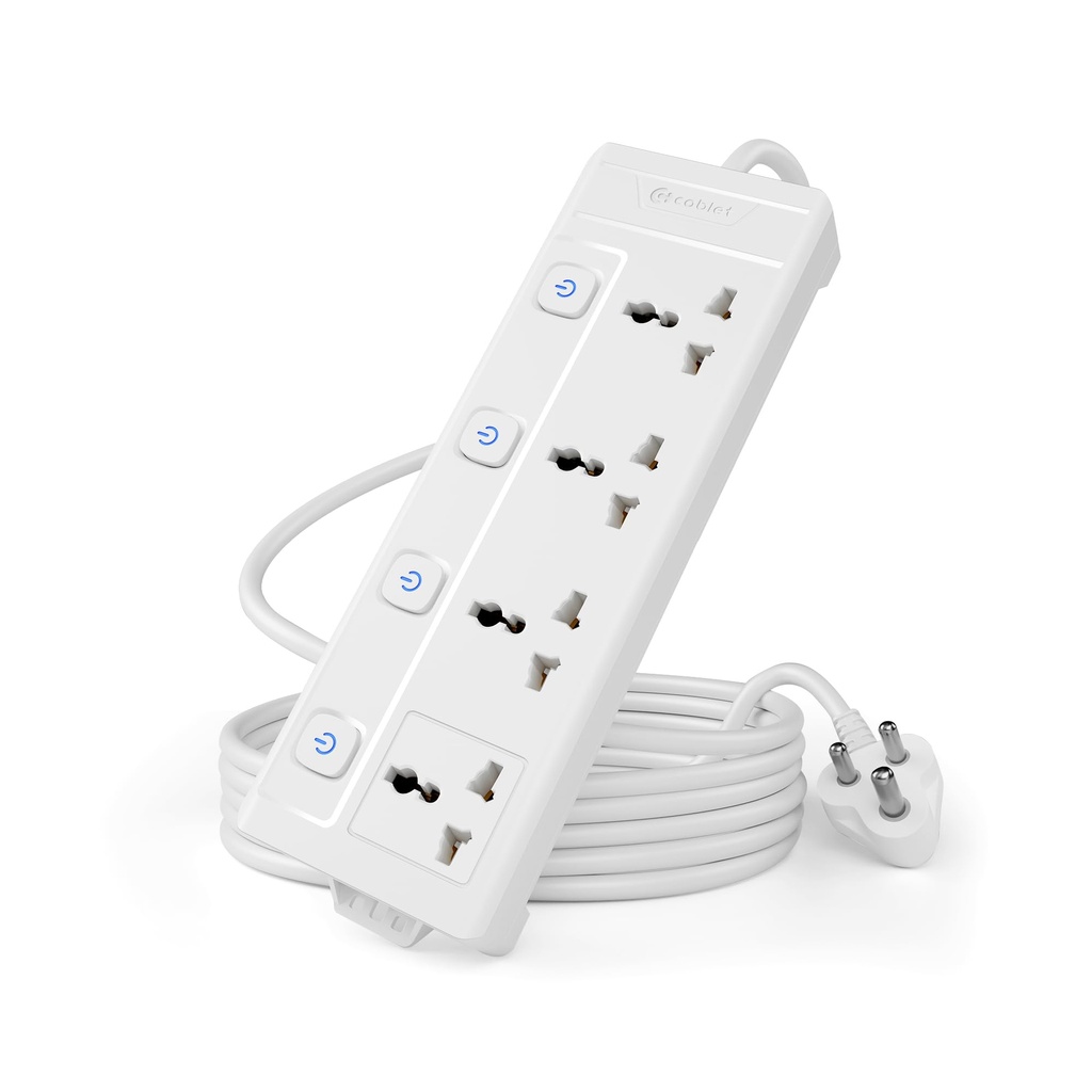 Cablet 250 Volts Extension Board 2500W 10A, 4 Universal Sockets, Individual Switches, 1.8M Heavy Duty Copper Wire, LED Indicator, Power Strip for Home and Office Use