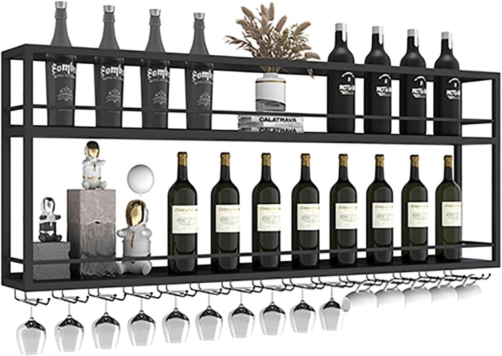 Modern Wine Rack Wall Mounted With LED Light, Floating Bar Shelves With Wine Glass Holder, Liquor Bottle Display Shelf, Wine Storage Display Rack, For Kitchen Dining Room Wine Cellar, Black(150X20X65c