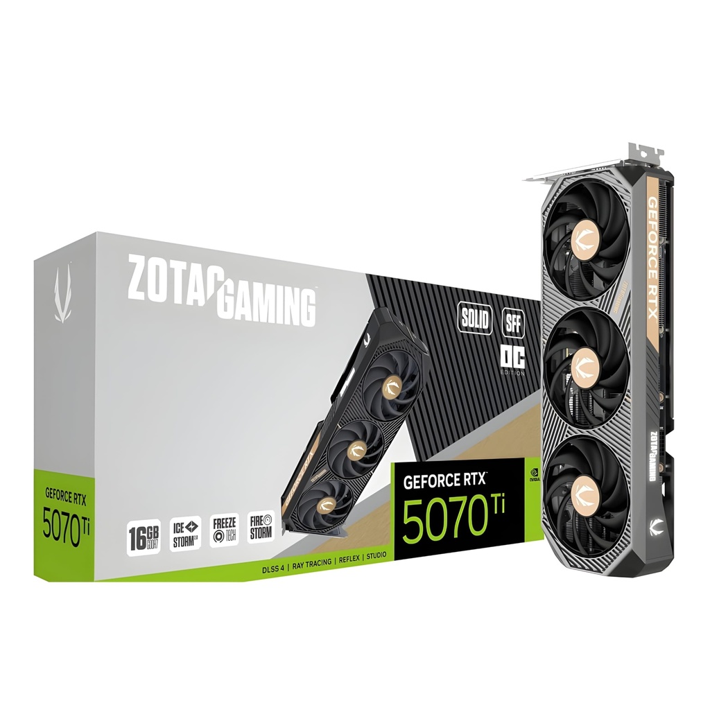 ZOTAC Gaming GeForce RTX 5070 Ti Solid SFF OC Graphics Card - Black | 16 GB | GDDR7 | Advanced Cooling | Triple Fan | White LED | ZT-B50710J3-10P | Only Graphics Card with 5 Year Warranty
