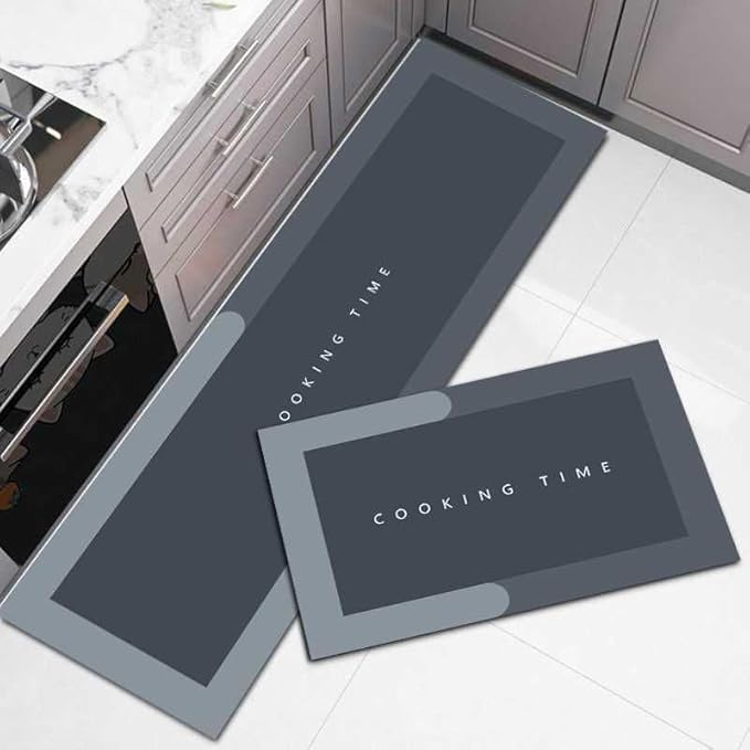 VERVENIX 2 Pcs Kitchen Mats Set – Waterproof Memory Foam Anti-Fatigue Mat Non-Slip Rug for Kitchen, Sink, Laundry & Home Office – 120x40 cm + 40x60 cm (Cooking Time Design)