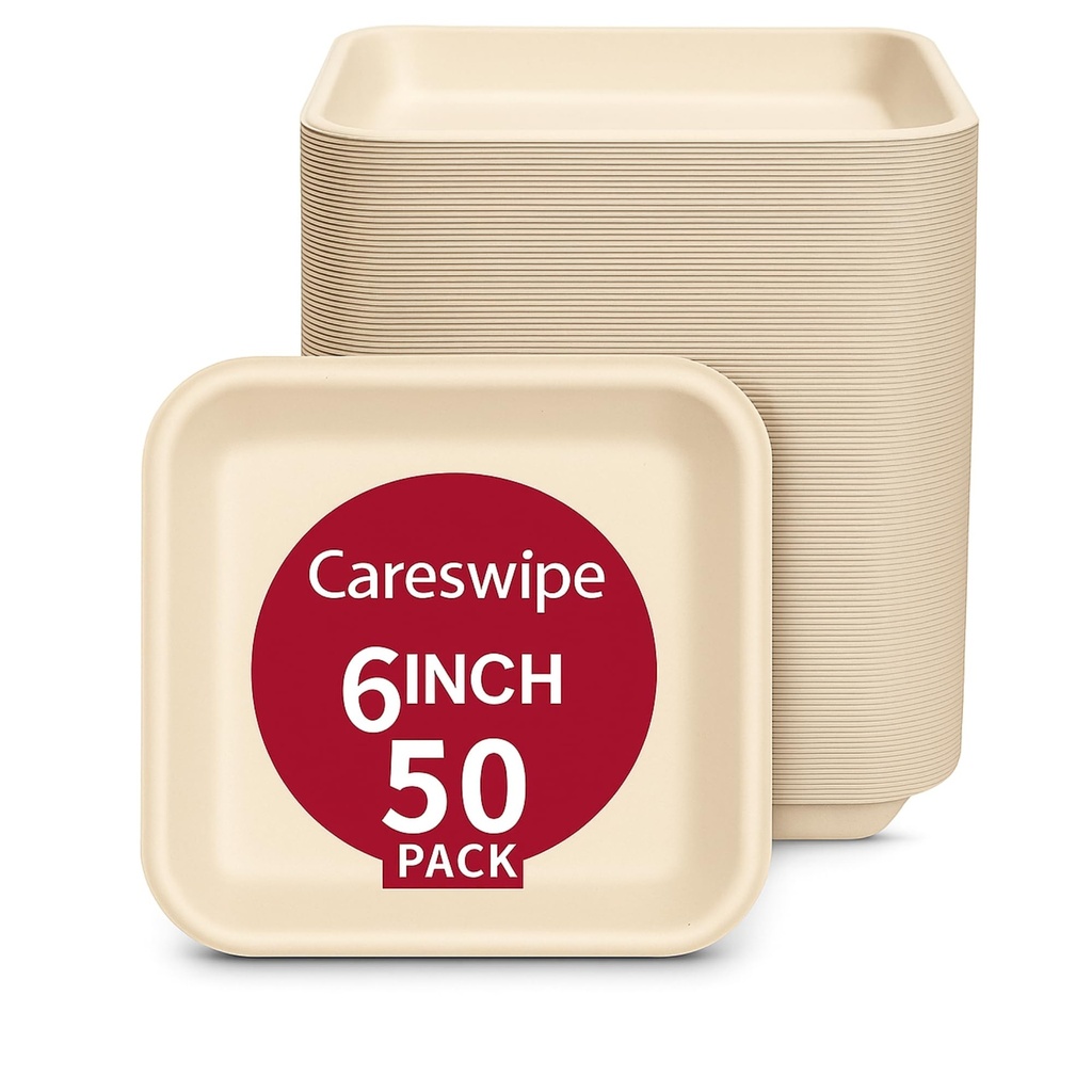 Disposable Paper Plates 6 inch, 50 Count, Square, Beige | Eco-Friendly Sugarcane Plates for Wedding, Party, Cafes | Ideal for Both Hot & Cold Food