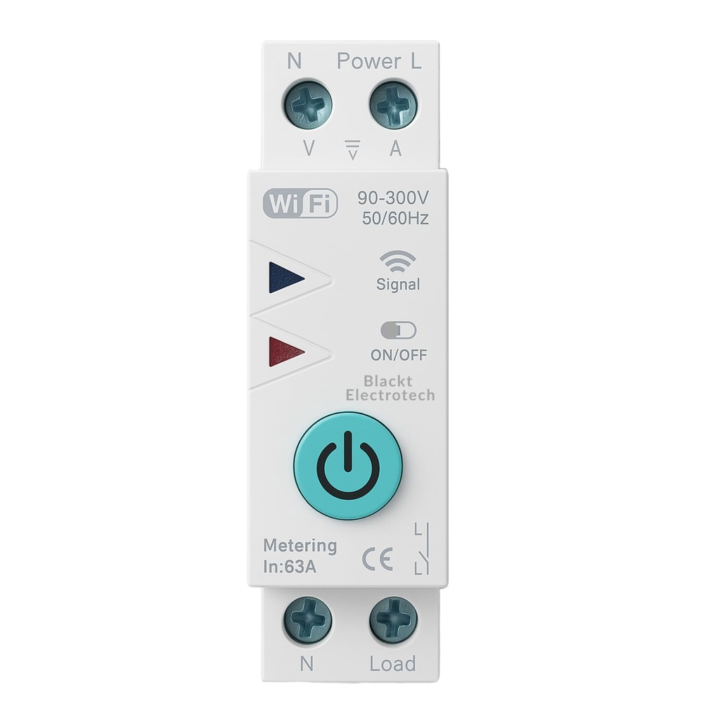 Blackt Electrotech BT74M 63A Wi-Fi Circuit Breaker with Energy Metering | 90-250V DIN Rail Mount | Remote Control, Timer, & Power Monitoring | Compatible with Smart Life, Alexa & Home