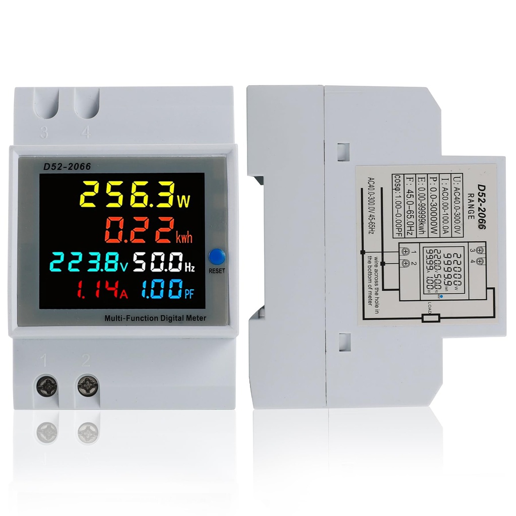 Single Phase Energy Meter, AC 40-300V 100A Electric Meter 1 Phase Wattmeter DIN Rail Meter Watt KWh Voltmeter Ammeter with LCD Display, Suitable for Power Supply Systems