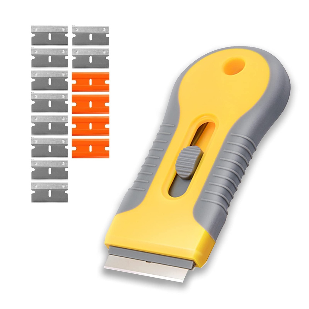 Retractable Razor Blade Scraper Tool with 15 pcs Extra Blades, Cleaning Scraper Tool for Removing Labels, Stickers, Decals, Paint from Glass and Stovetop -WEGAZ