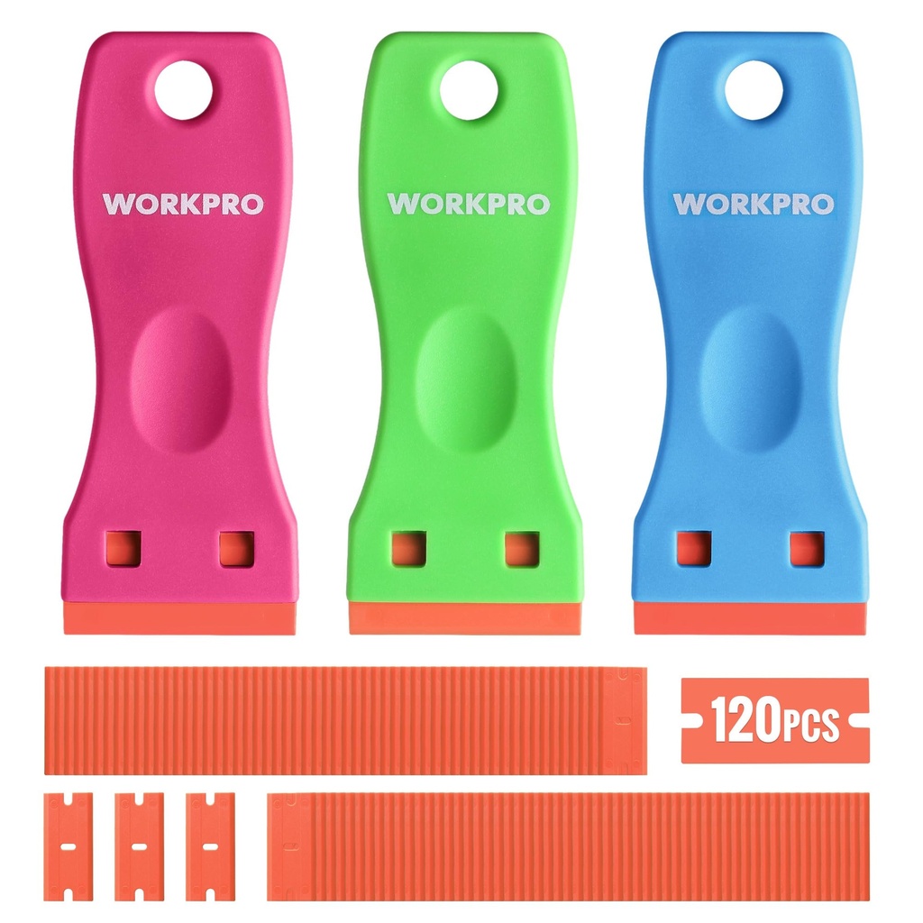 WORKPRO Plastic Razor Blade Scraper Kit, 3 Scrapers with 120 Blades
