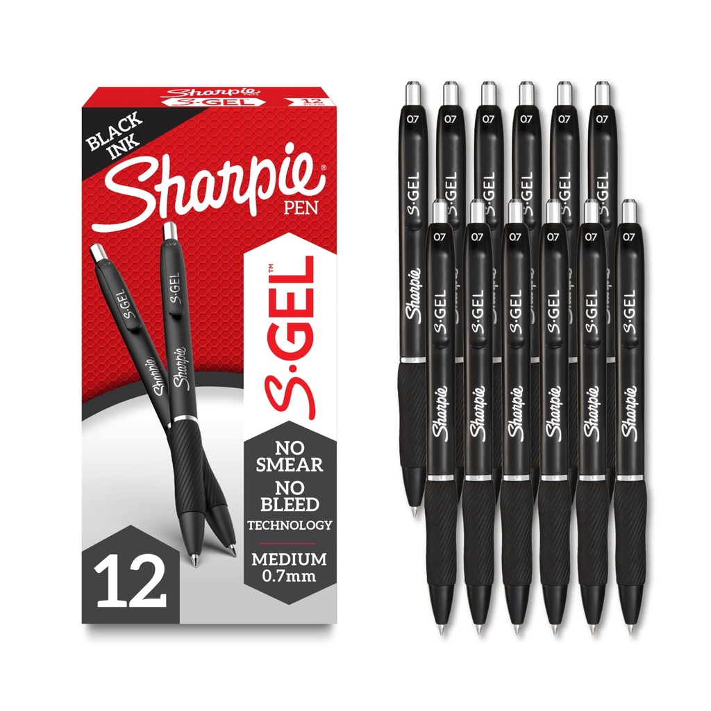 Sharpie S-Gel Gel Pens, Black Barrel, Medium Point (0.7mm), Black Gel Ink, 12 Count - Home, Office, School, Journaling, Writing, Note-Taking, Teacher Supplies