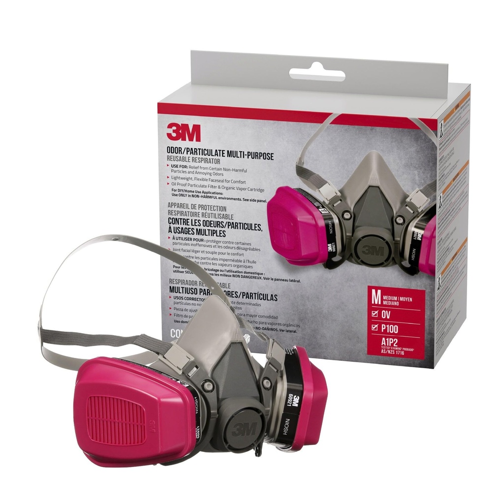 3M P100/OV Odor/Particulate Multi-Purpose Reusable Respirator 65021, NIOSH-APPROVED Organic Vapor Cartridge, Medium