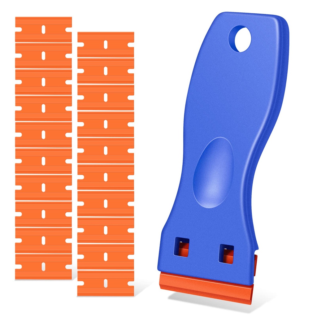 Plastic Razor Blade Scraper, Scraper Tool with 20 PCS Plastic Razor Blades for Removing Labels Adhesive Decals Sticker from Windows Glass (Blue)
