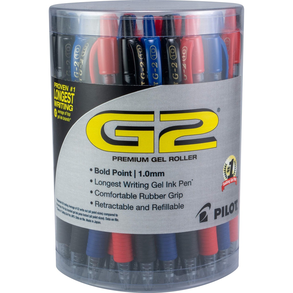 PILOT G2 Premium Gel Pens, Bold Point 1.0mm, Black/Blue/Red Ink, Tub of 36