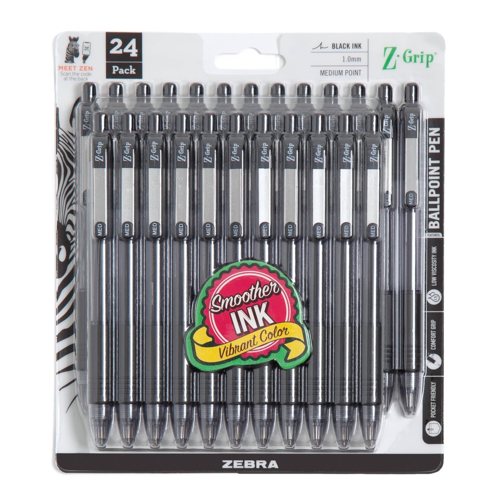 Zebra Pen Z-Grip Retractable Ballpoint Pen, Black Ink, 1.0mm, 24 Bulk-Pack