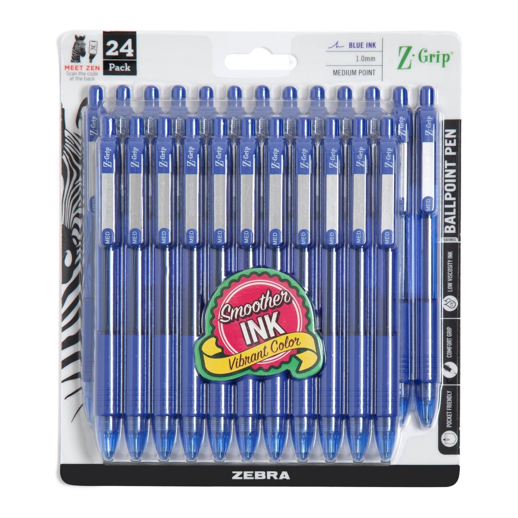 Zebra Pen Z-Grip Retractable Ballpoint Pen, Blue Ink, 1.0mm, 24 Bulk-Pack