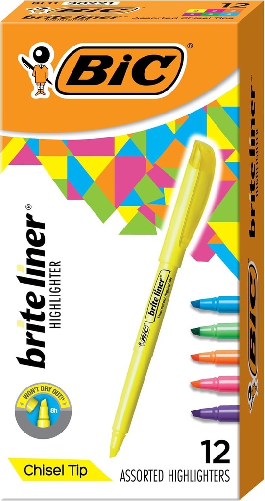 BIC Brite Liner Highlighters, Chisel Tip, 12-Count Pack, Assorted Colors