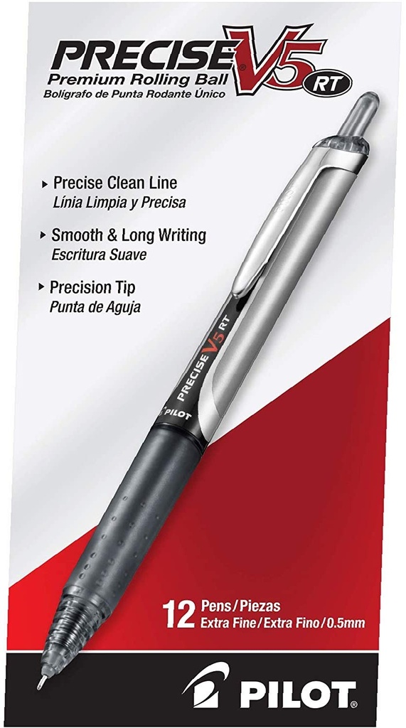 PILOT Precise V5 RT Retractable Rollerball Pens, 0.5mm, Black, 12-Pack