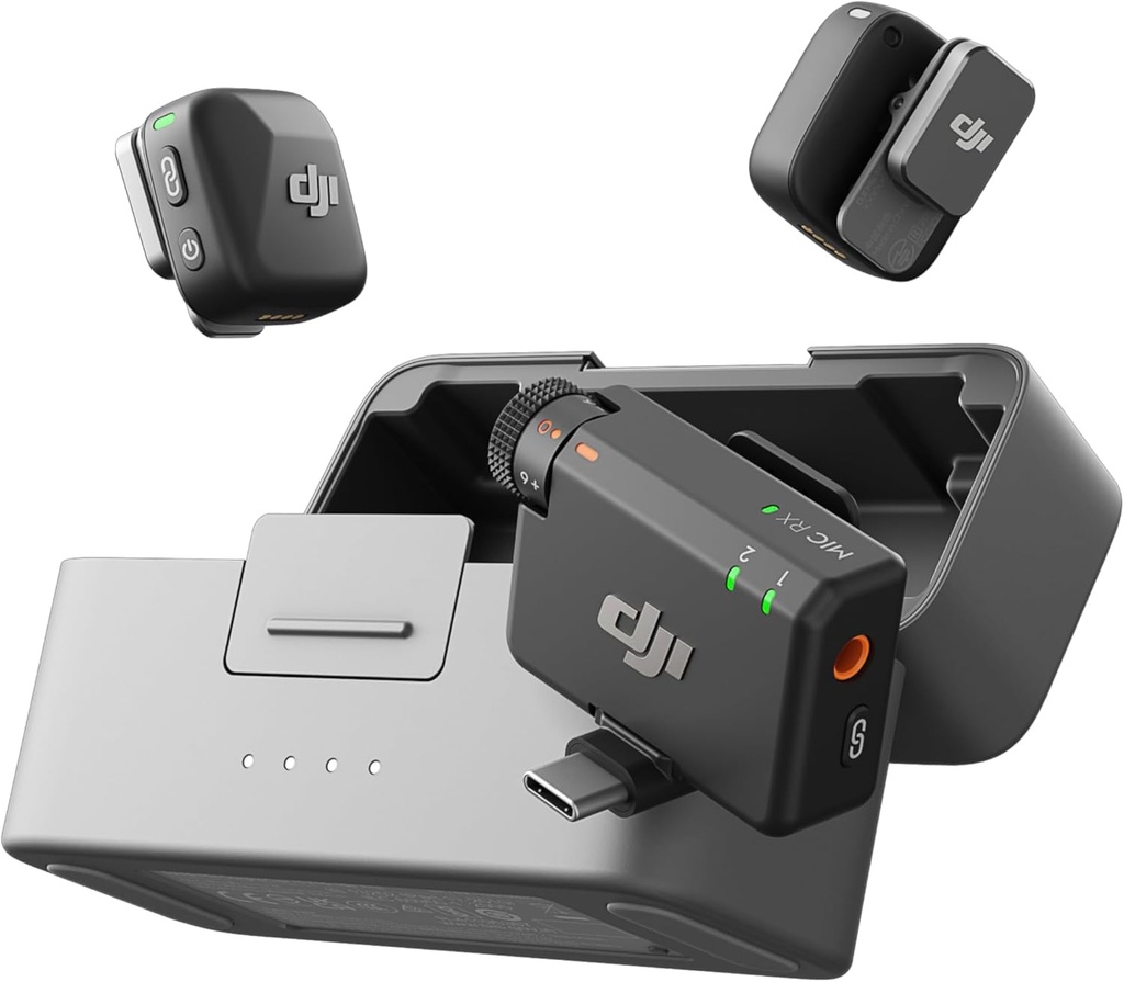 DJI Mic Mini (2 Transmitters + 1 Receiver + Charging Cradle), Ultra Light, Detailed Audio, 48 Hours Use, Noise Cancelling, Auto Limit, Wireless Microphone/iPhone/Android, Vlog, Streaming