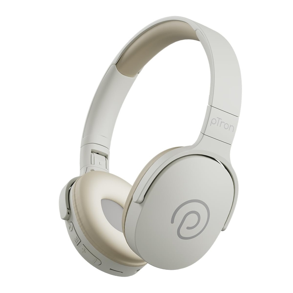 pTron Studio w/ 60Hrs Playtime, Wireless Over-Ear Headphones with HD Mic, Dual-Device Pairing, Immersive Sound, 40mm Drivers, BT5.4, 3.5mm Aux Port, TF Card Slot & Type-C Fast Charging (Beige)