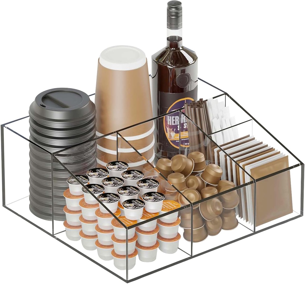 DreamShore Acrylic Coffee Bar Station Organizer for Countertop, Home & Office Breakroom Accessory Organizer for K-cup Pod, Condiment, Cup, Sugar, Creamer Syrup, Gift for Coffee Lovers