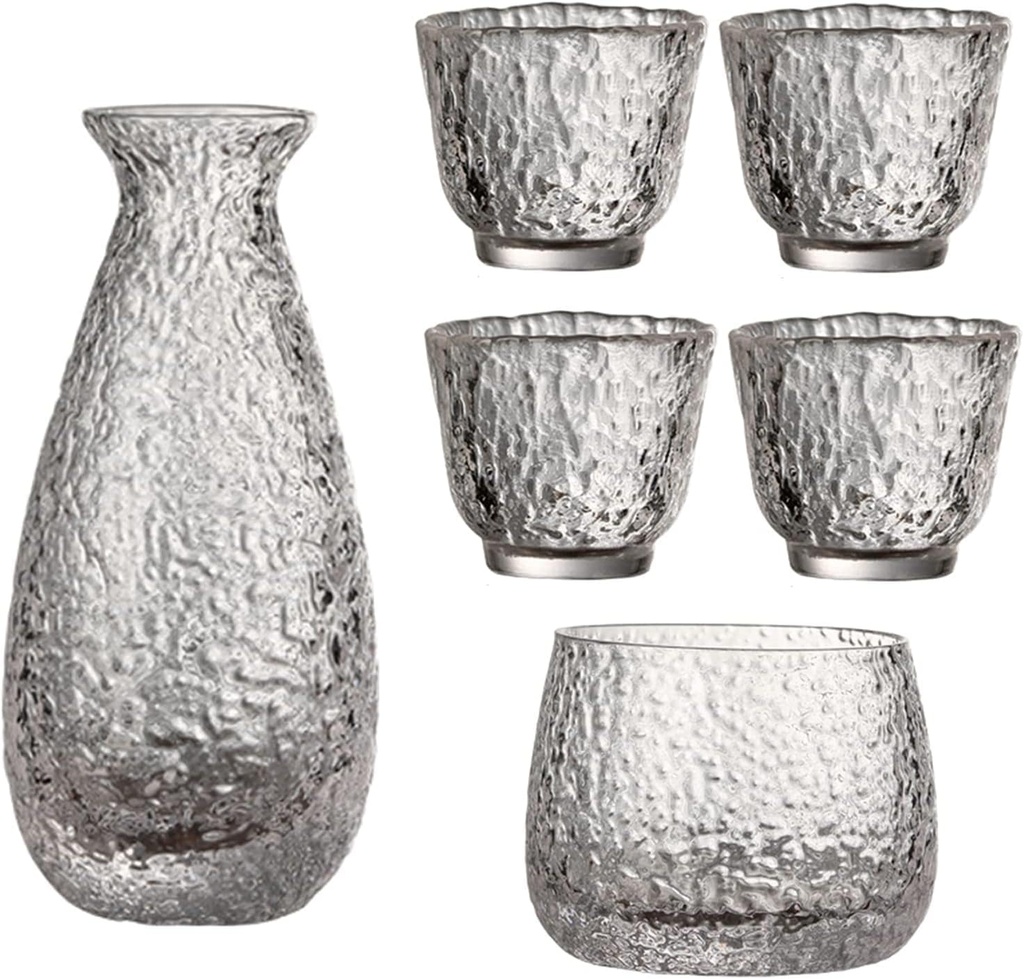 Glass Sake Set Japanese, Sake Pot Sake Cup Transparent Modern for Home Party and Great Gifts 4 Sake Cups +1Sake Pot + 1Vessel Cup for Heat Preservation or Refrigeration