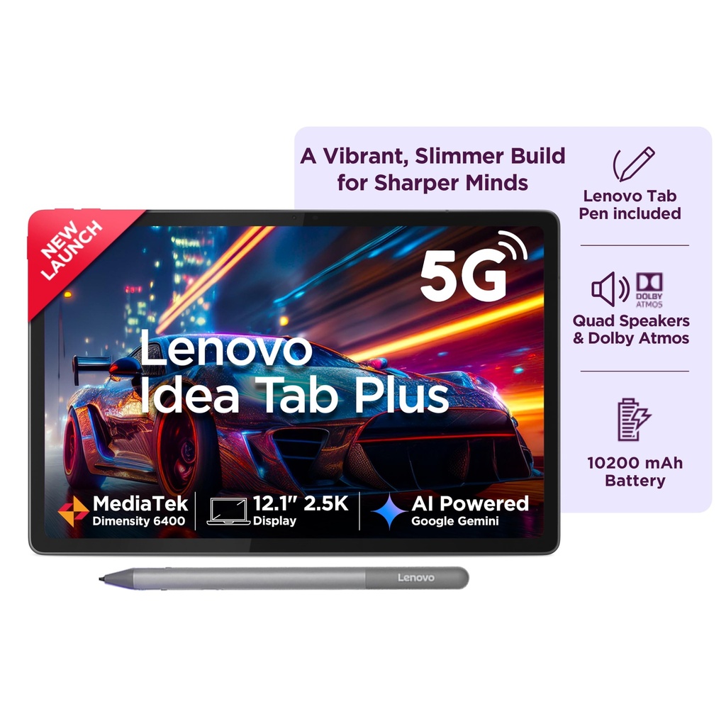 Lenovo Idea Tab Plus with Pen |Wifi + 5G|12.1" 2.5K Display, 800nits Peak Brightness|12GB RAM + 256GB ROM (Expandable upto 2TB)|MediaTek Dimensity 6400| 10200mAh|4 Speakers with Dolby Atmos| Luna Grey