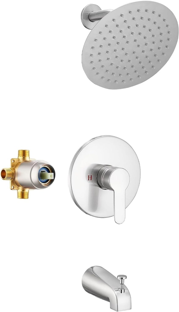 GGStudy Shower Faucet Set Brushed Nickel Tub Shower Faucet with 8-Inch Round Rainfall Shower Head and Tub Spout Shower Tub Faucet Set Complete Included Shower ValveTub Shower Trim Kit