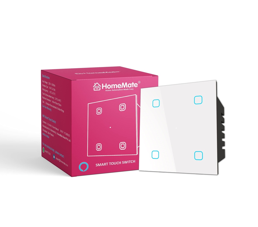 HomeMate Wi-Fi Smart 4 Gang Touch Switch (White, Pack of 1) | No Hub Required | Works with Alexa, Assistant & Siri