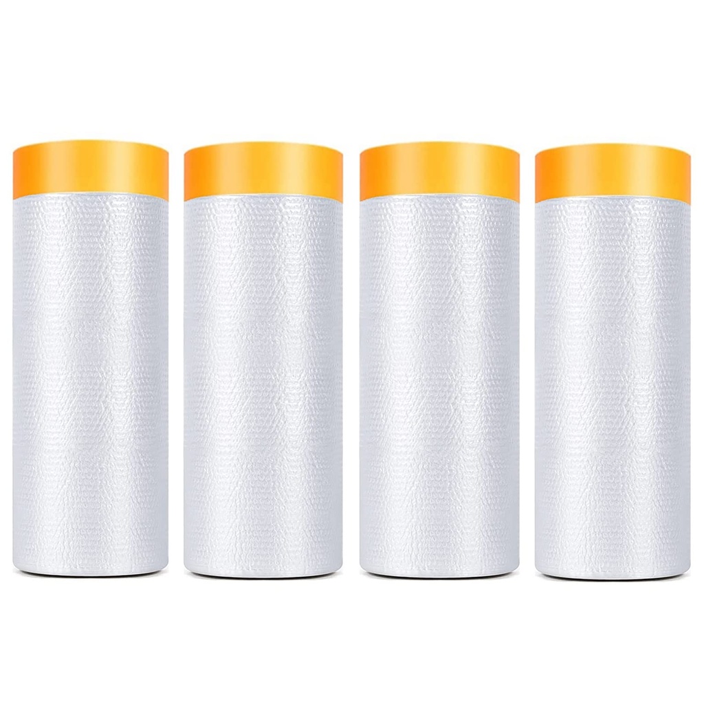 Painters Plastic With Tape, Pre-Taped Masking Film, 4 Rolls Automotive Best Tape and Drape, Paint Adhesive Protective Film Roll for Covering Skirting, Frames, Cars and Auto Body (5 X 65-Feet)
