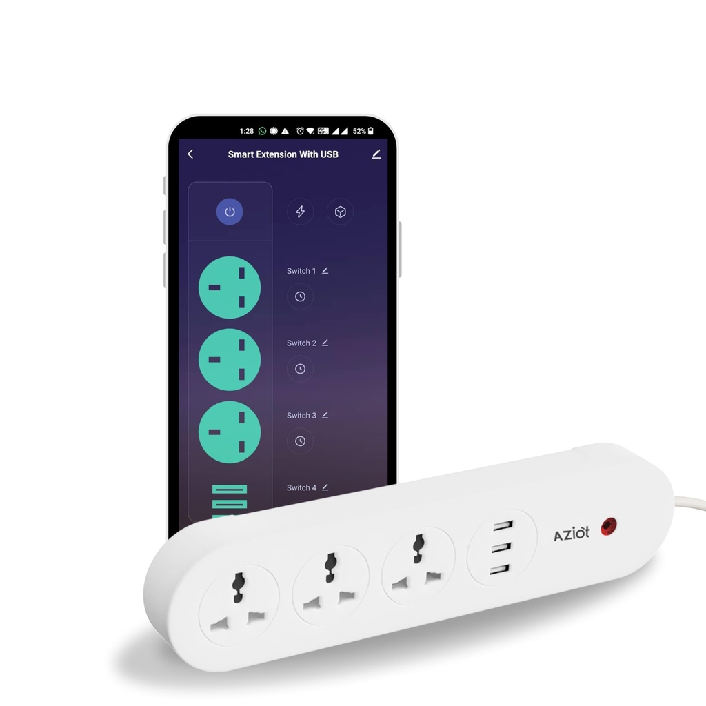 AZIOT 3 Socket + USB Smart Extension - WiFi/Bluetooth Communication- Power Monitoring - Individual Control - Made in India - Timer Function - Works with Home and Alexa