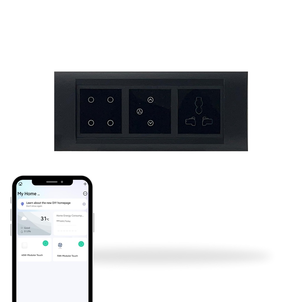 Aziot 6 Module Switch Board Plate | Smart 4 Touch, Fan Touch SW & Socket (Glass Finish) | WiFi + BLE | , Alexa & Siri (Black)