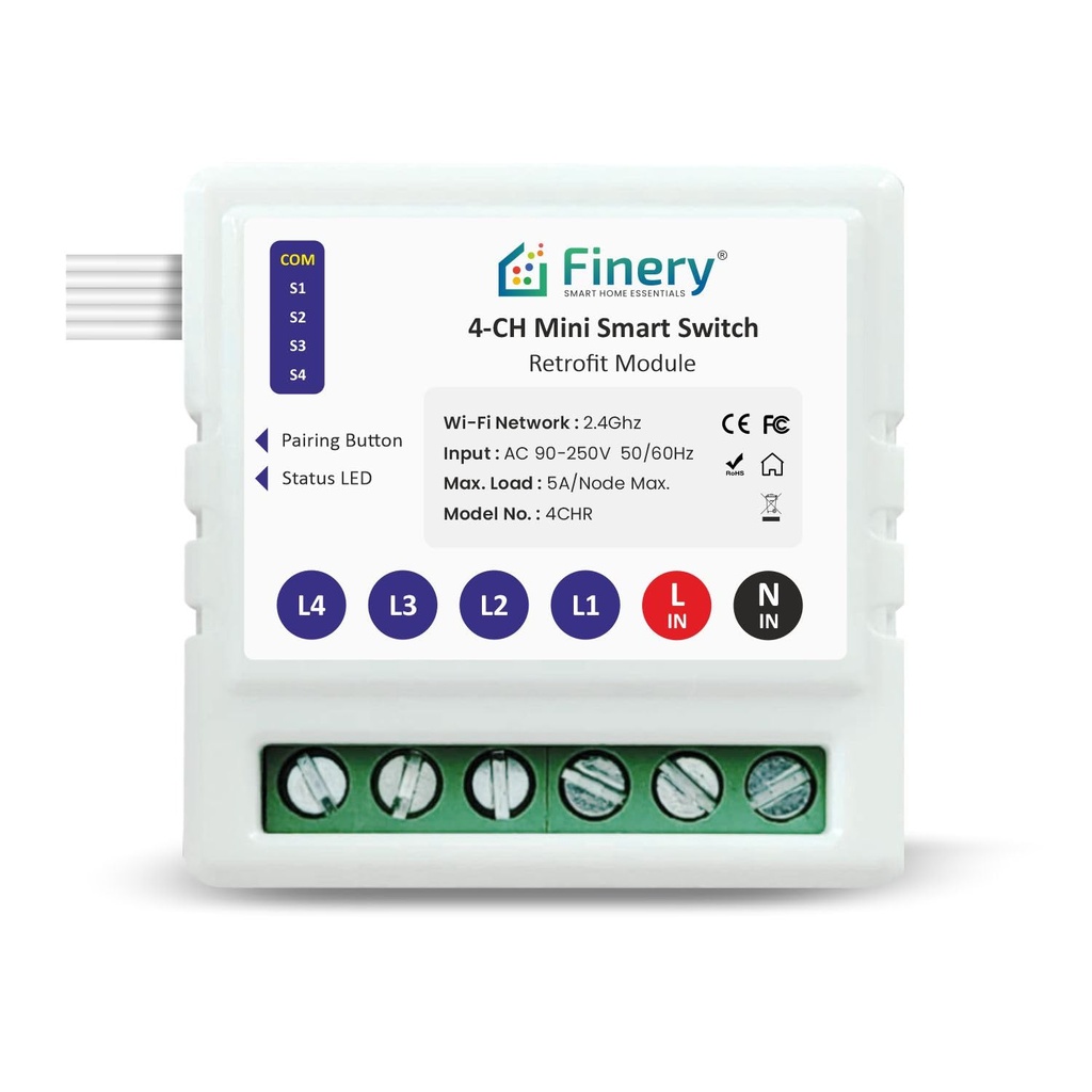 Finery 4 Node WiFi Smart Switch Retrofit Kit Supports Manual switches Compatible with Alexa & Home iOS and Android Smart Life app (4 Node/Gang)