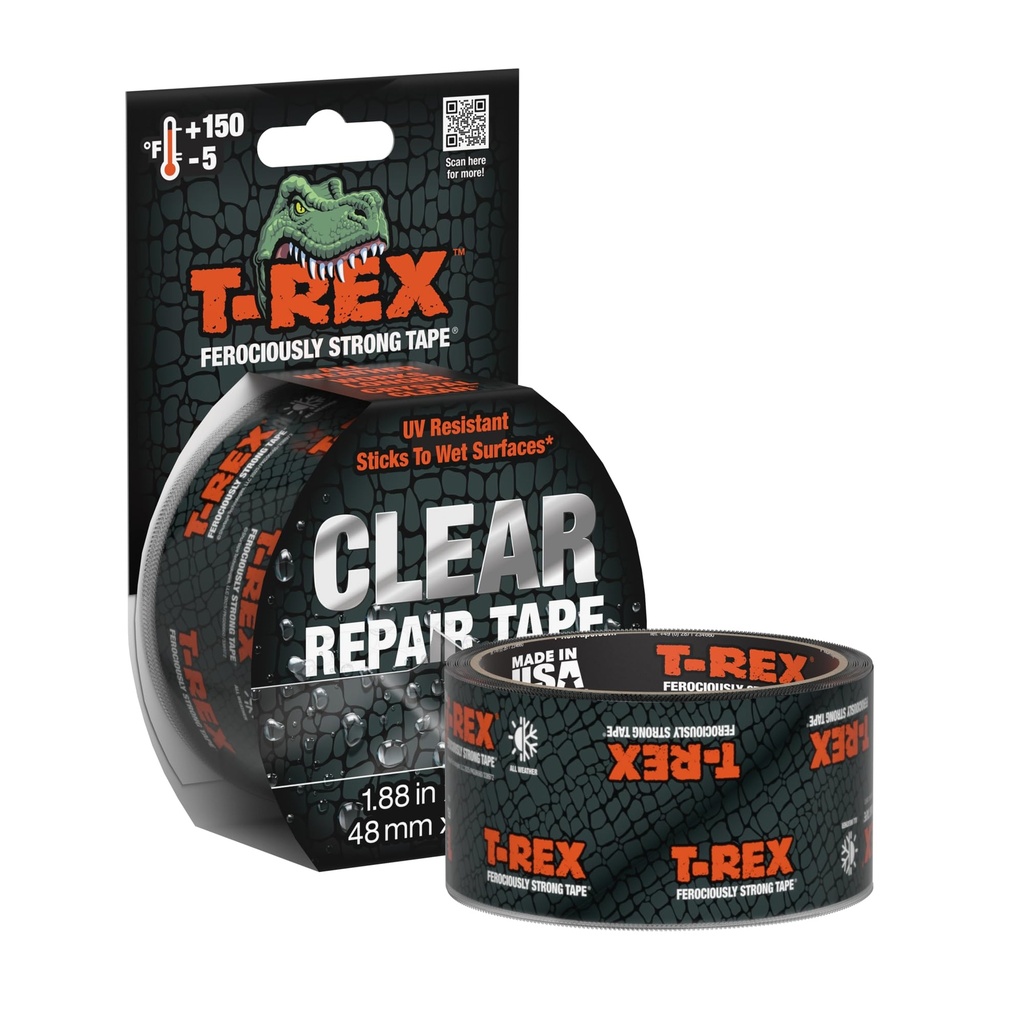 T-REX Ferociously Strong Repair Tape, Sticks to Wet Surfaces, All Weather and UV Resistant, 1.88" x 9 Yards, Clear, 1-Roll (241535)