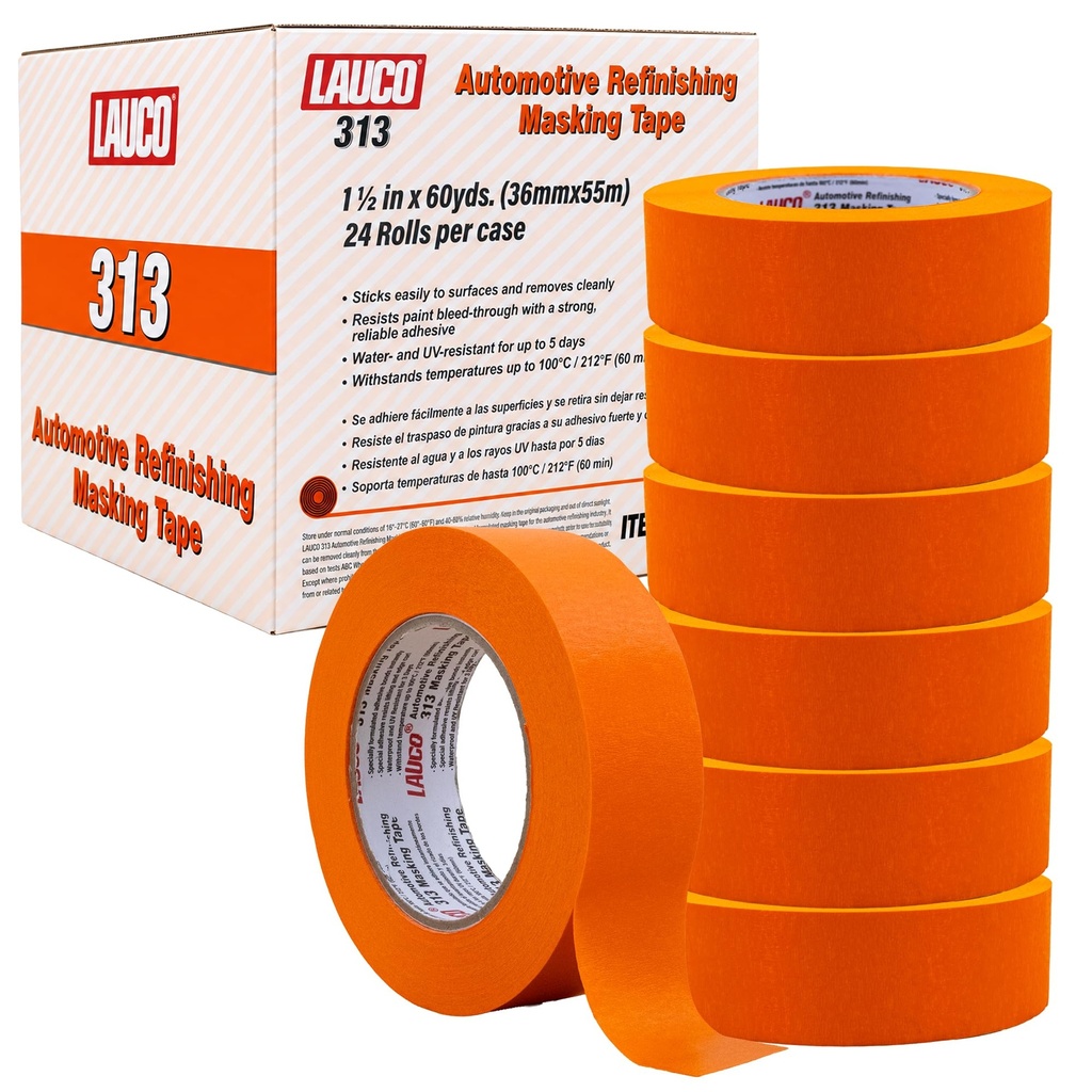 LAUCO Orange Masking Tape 1.5 in x 60 Yd, 24 Rolls, Automotive Painting Tape, High Adhesion, Clean Removal for Auto Paint & Detailing 19541