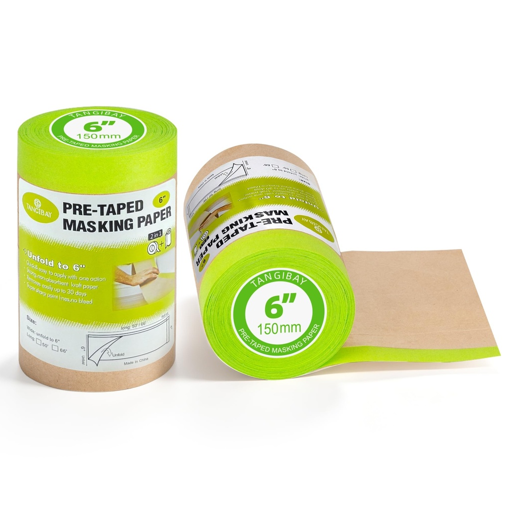 Tangibay Pre-Taped Masking Paper for Painting, 6 inch x 50 feet, 2 Rolls
