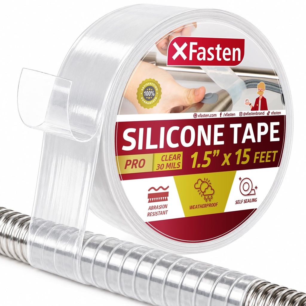 XFasten Self-fusing Silicone Tape Pro, Clear, 1.5-Inch x 15-Feet, 30mils Extreme Silicone Repair Pipe Tape for Electrical, Radiator Hose, Garden Hose, Coax Plumbers Water Seal and Stretch Tape