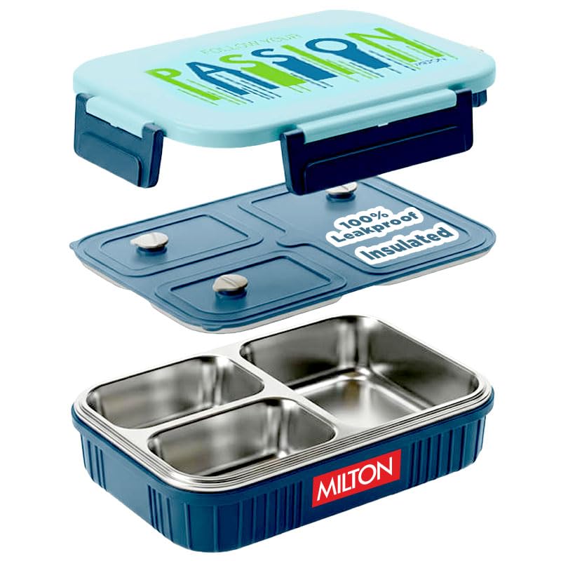 MILTON Meal Safe 3 Inner Stainless Steel Tiffin Box for School with Steam Release Plug | PU Insulated, Leak-Proof, Food Grade I Lunch Box for Kids Boys, Girls with Snap Lock Lid, 630 ml, Dark Blue
