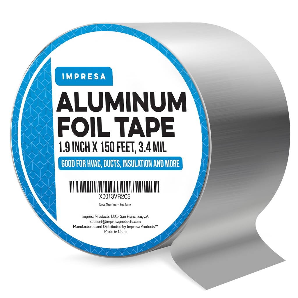 Impresa Aluminum Foil Duct Tape - 1.9 in x 150 ft (50 yd), Silver - Heat Transfer up to 220°F - Foil Tape for HVAC & Ductwork Sealing