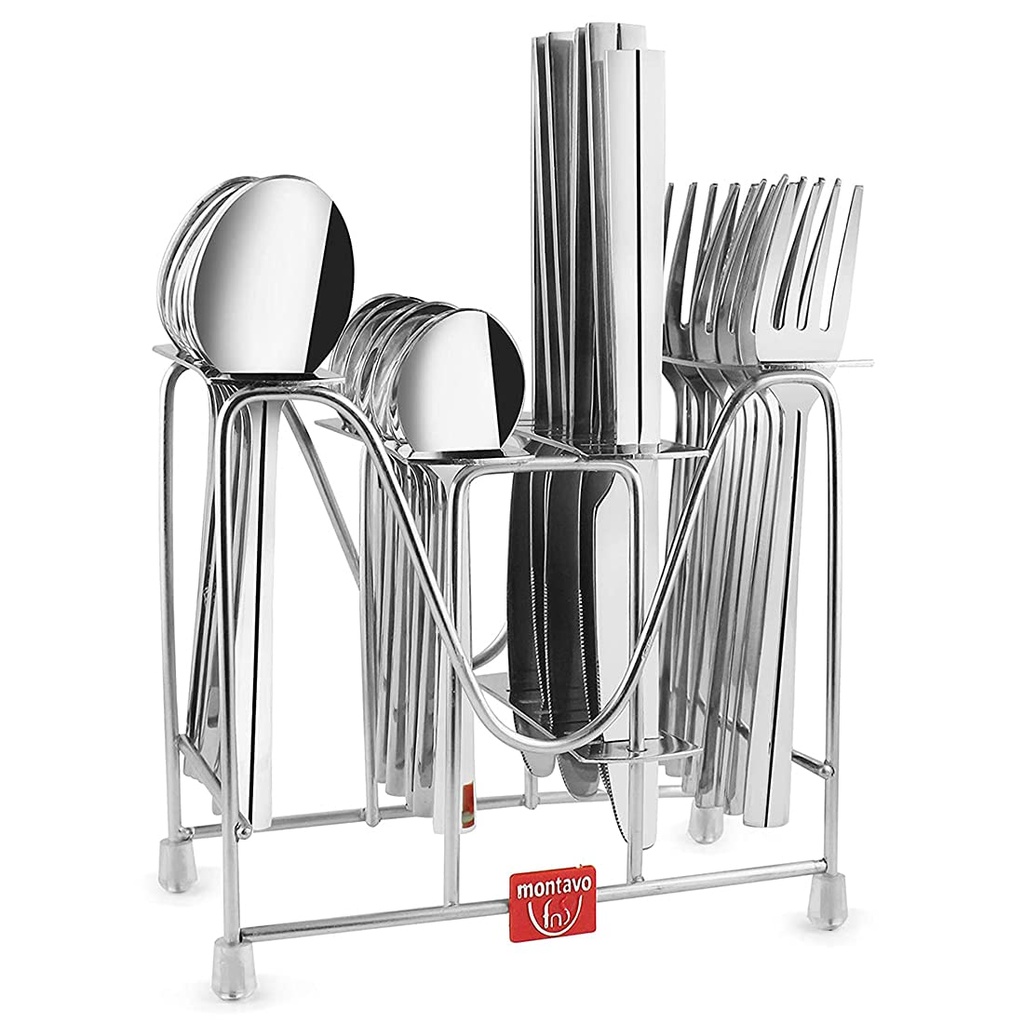 Montavo by FnS Nile 24 Pieces Stainless Steel Cutlery Set with Stand | 6 Pieces Each Dinner Spoons, Dinner Forks, Tea Spoons & Dinner Knives | Premium Flatware for Home, Kitchen & Dining