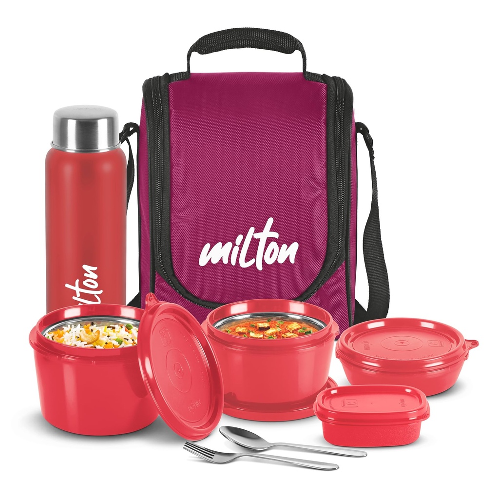 MILTON Pro Lunch Box with Steel Cutlery, 3 Microwave Safe Inner Steel Containers (180 ml, 320 ml, 450 ml), Plastic Chutney Dabba,100 ml, Bottle, 750 ml with Insulated Bag, Office Tiffin, Maroon