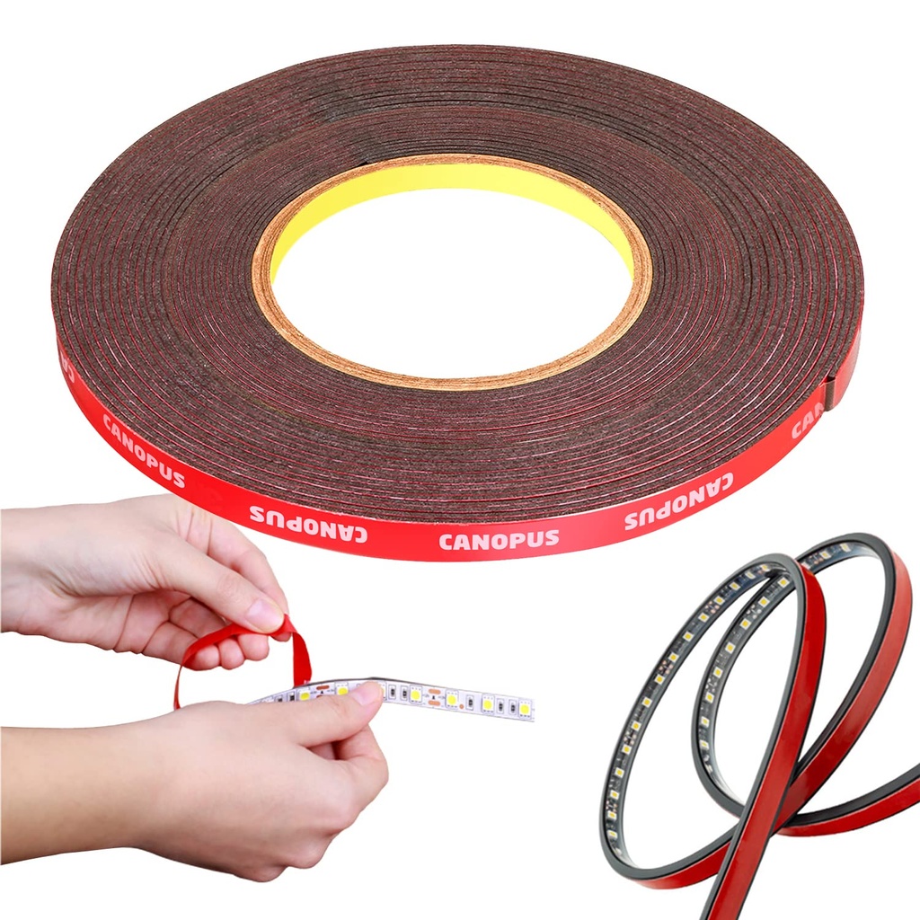 CANOPUS Double Sided Tape, Heavy Duty Adhesive Tape, LED Mounting Tape, Waterproof Foam Tape, 0.4in x 32ft, Suitable for LED Strip Lights, Indoor/Outdoor Craft, Home & Office Projects