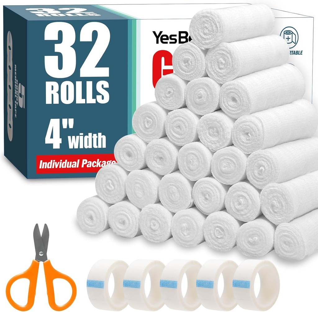 32 Pack Gauze Rolls, 4 in x 4.1 Yards, Premium Gauze Wrap Roll for Wounds, Bandage Wrap Rolled Gauzes, Mummy Wraps, Individually Wrapped