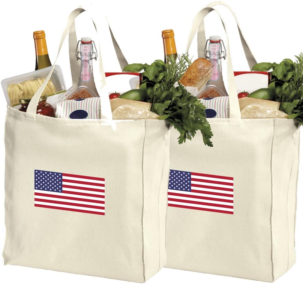 Reusable American Flag Grocery Bags 2PC SET - USA Flag Shopping Bags NATURAL COTTON Shopper