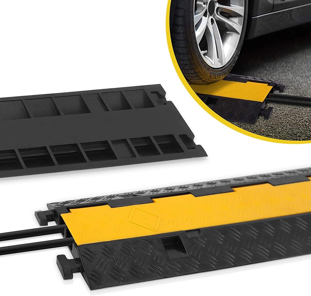 Dolphy Rubber Cable Protectors, 2 Channel Hose Cable Protector Ramp Heavy Duty Traffic Speed Bump Hose Cord Protective Cover Ramps with Yellow Flip-Open Top Cover, 5450kg Load Capacity