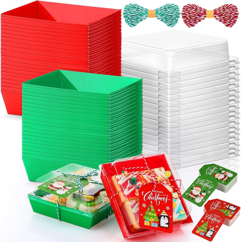 Yaomiao 100 Pcs Christmas Charcuterie Boxes with Ropes Cards, Christmas Food Box with Clear Lids, Disposable Paper Bakery Square Dessert Containers for Xmas Party Favor Cookie Cake Sandwich (Classic)