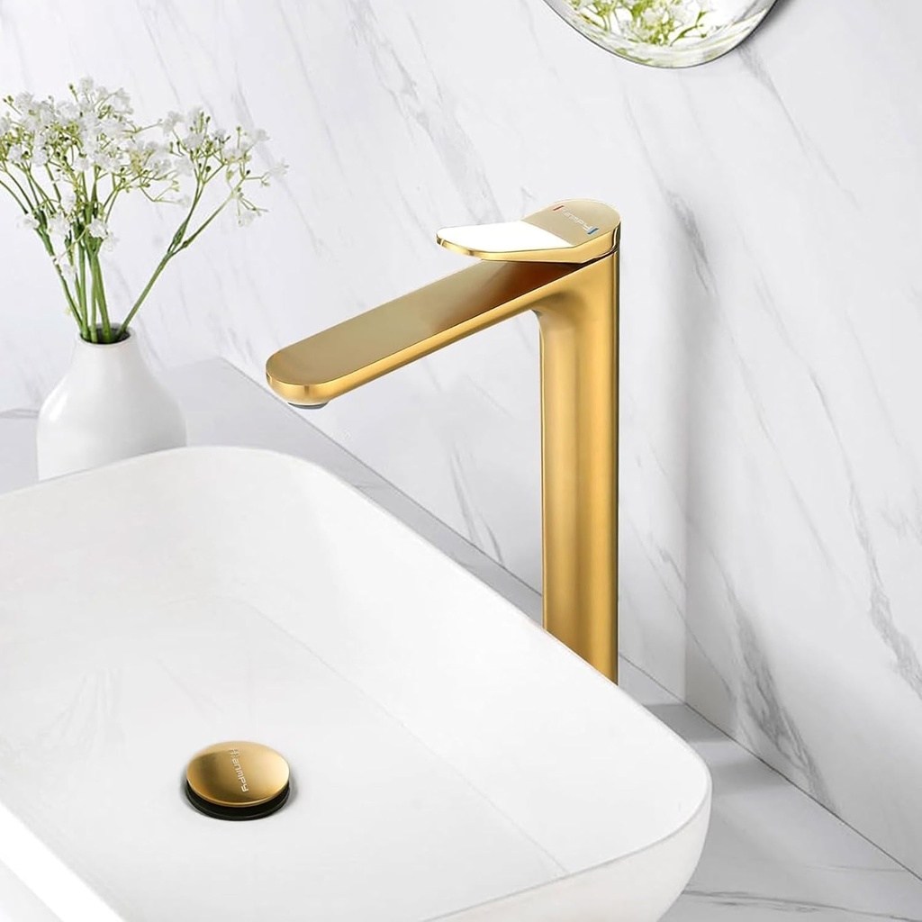 12 Inch Tall Vessel Sink Faucets - Hoanmpy Bathroom Faucet,Modern 22° Angle Outflow Nozzle Handle One Hole Bathroom Vanity Faucets - Brass Lavatory Faucets Brushed Gold