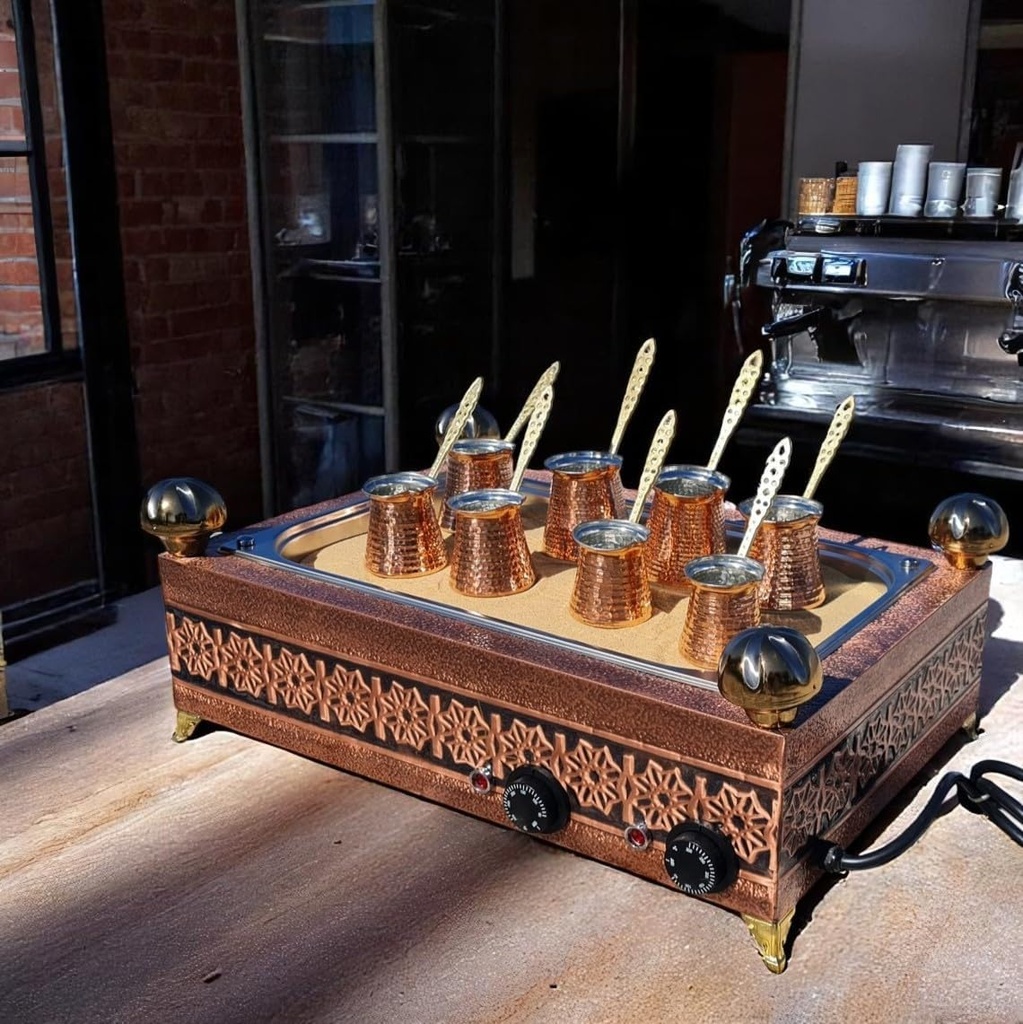 Traditional Handcrafted Copper Sand Coffee Maker Machine – With 8-Pots – 2000 Watt, 110 Volt – Authentic Turkish Coffee Experience rich in foam