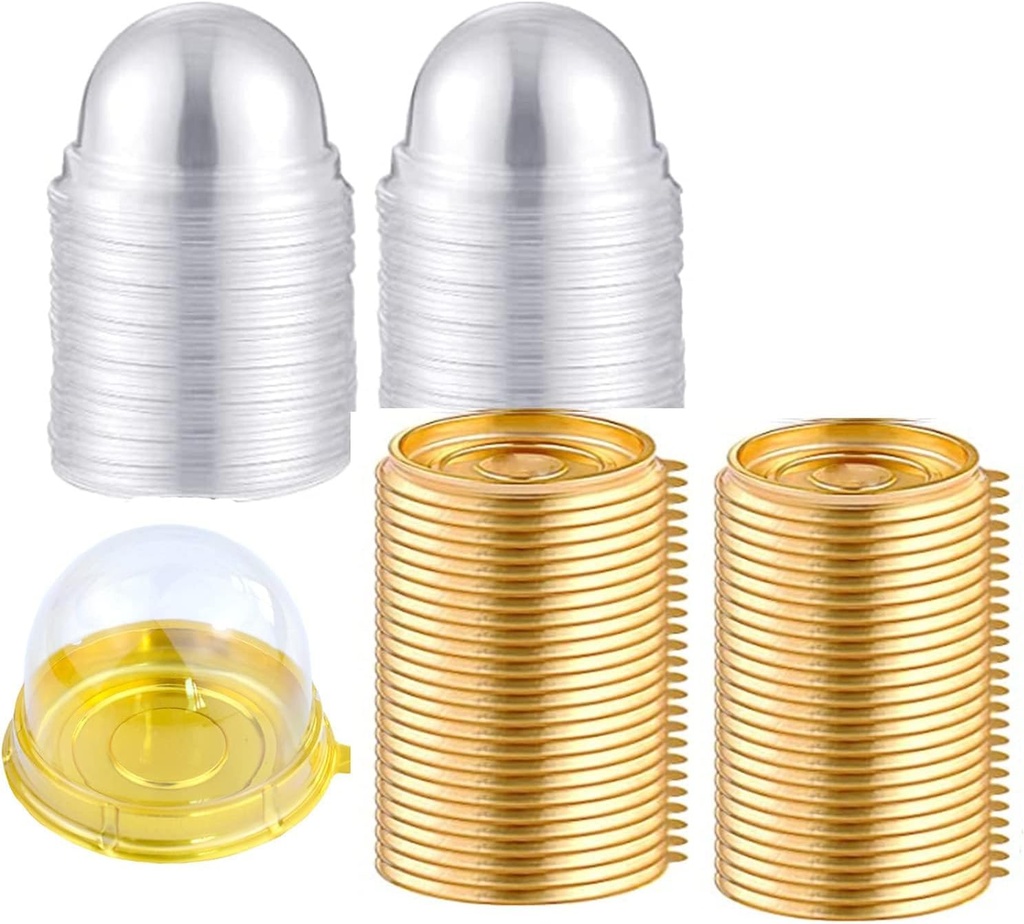 Clear Plastic Mini Cupcake Container, 50 Piece Mooncake Boxes Cupcake Container Cupcake Muffin Pod Dome Muffin Container Cupcake Boxes for Wedding Birthday Party (Gold)