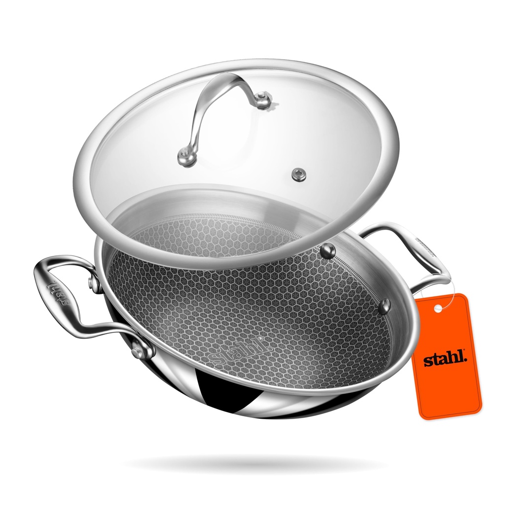 Stahl Artisan Hybrid 5.1 L, 30cm Triply Non Stick Kadhai with Lid, Stainless Steel Kadai for Cooking, Triply Kadhai Metal Spatula Friendly, Induction & Gas Stove Compatible