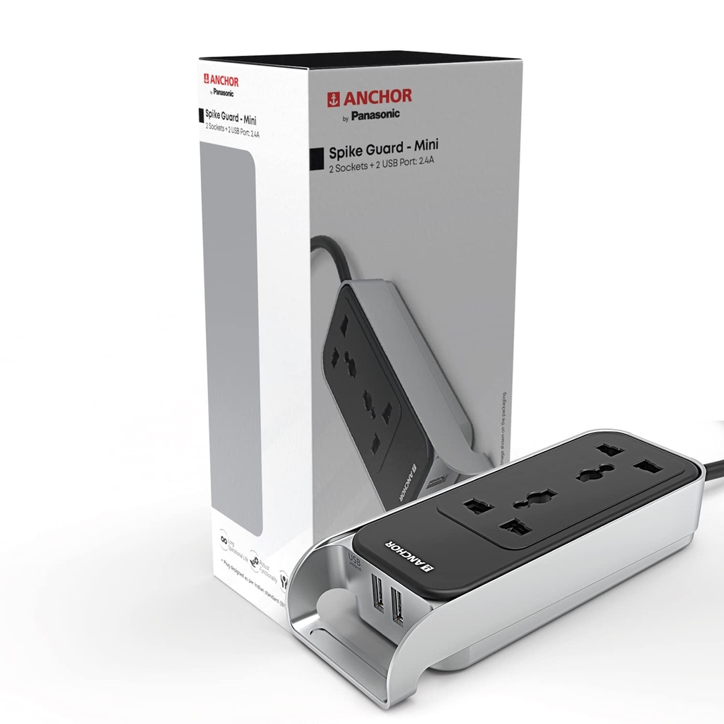 Anchor by Panasonic 6A Extension Board with Handle, 2 Sockets + USB 2.4A, 1.5m Cable (Black and Silver, 240 volts) (22074)