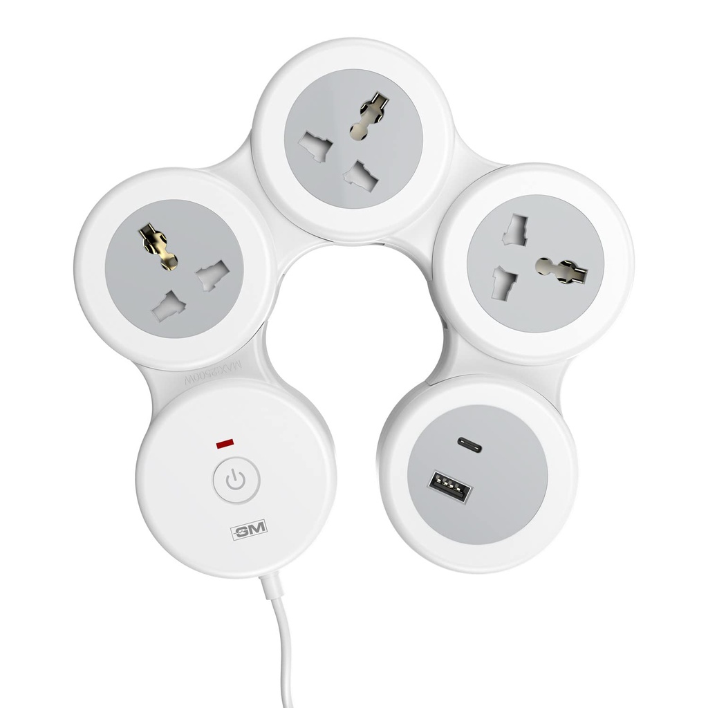 GM G-Hoop 4+1 Multi Plug Extension Board with 2 Metre Cord | Type-C & A USB Port | Smart Spike Guard with Switch, LED Indicator & Safety Shutters | Best for Desk, TV, Office & Charging Station
