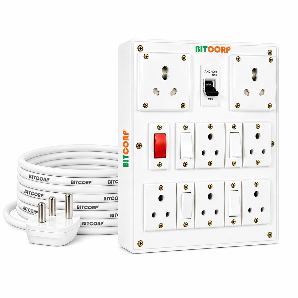 BITCORP 16A Power Extension Board with 7 Socket 4 MCB, 2500W MCB Overload Protector, 1 Meter 1.5mm Electric Cord for Computer, Refrigerator, AC, TV, Home and Office Appliances