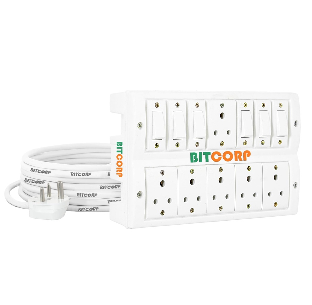 Bitcorp 2500W Power Strip, 6A Universal Extension Board with 6 Socket 6 Switch, Surge Protector, 1 Meter Cord for Home Gadgets, Office, Fridge, Cooler, Air Conditioner (White) 220V