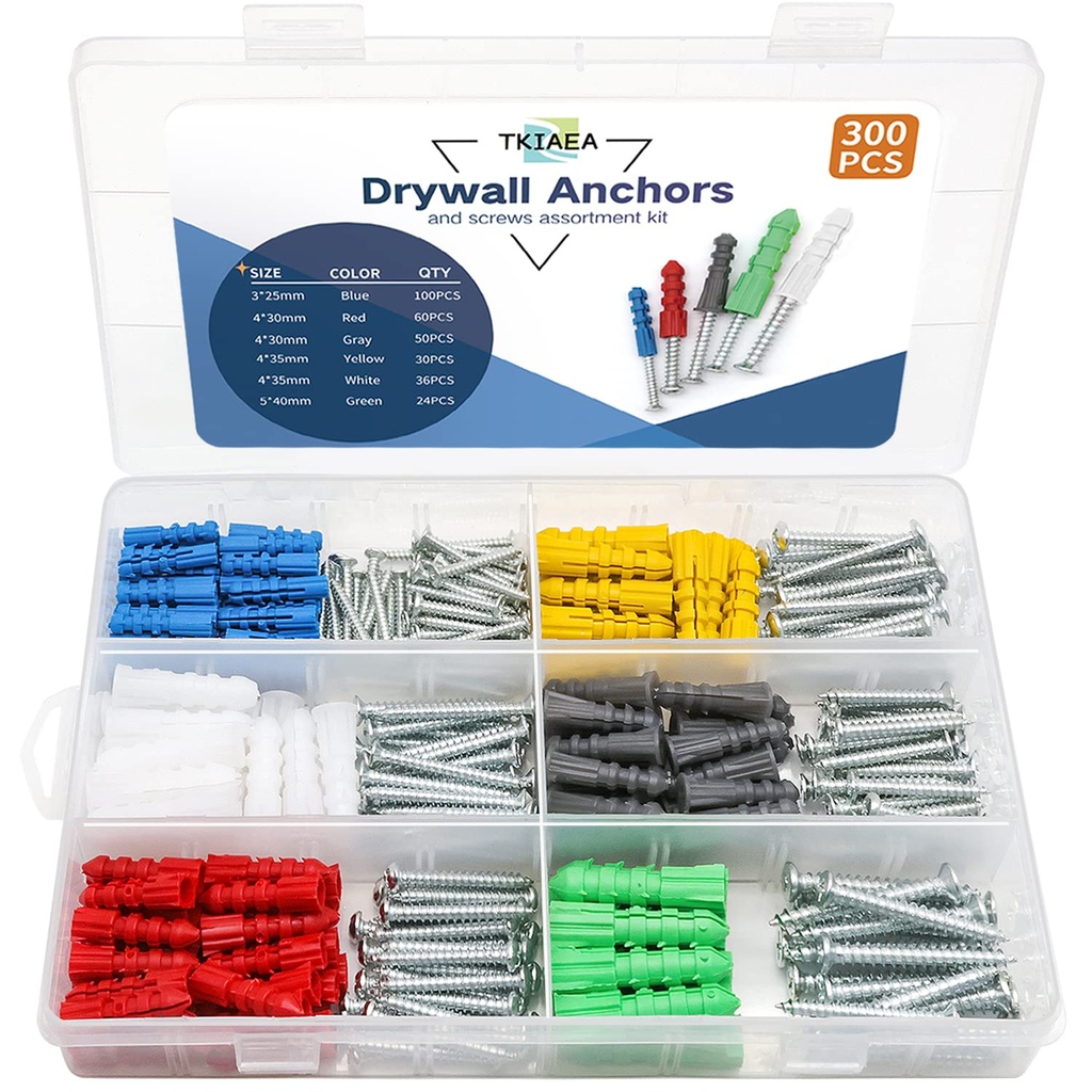Drywall Anchors and Screws Kit 300Pcs, 150 Wall Anchors, 150 Drywall Screws, Including 6 Different Sizes
